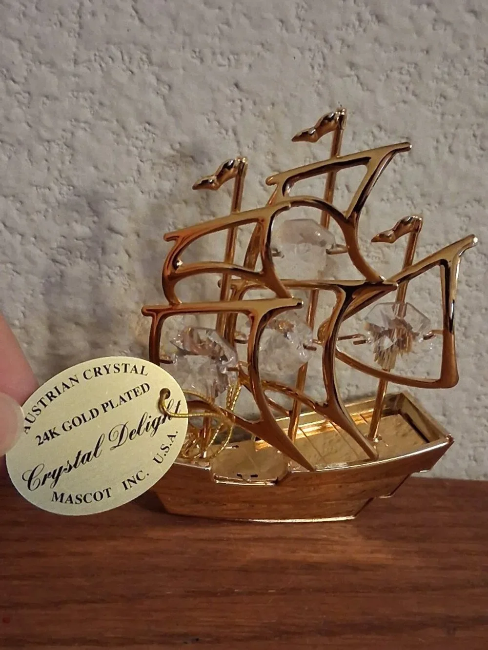Vtg Crystal Delight Mascot Ship Boat Ornament Austrian Crystals 24K Gold Plated